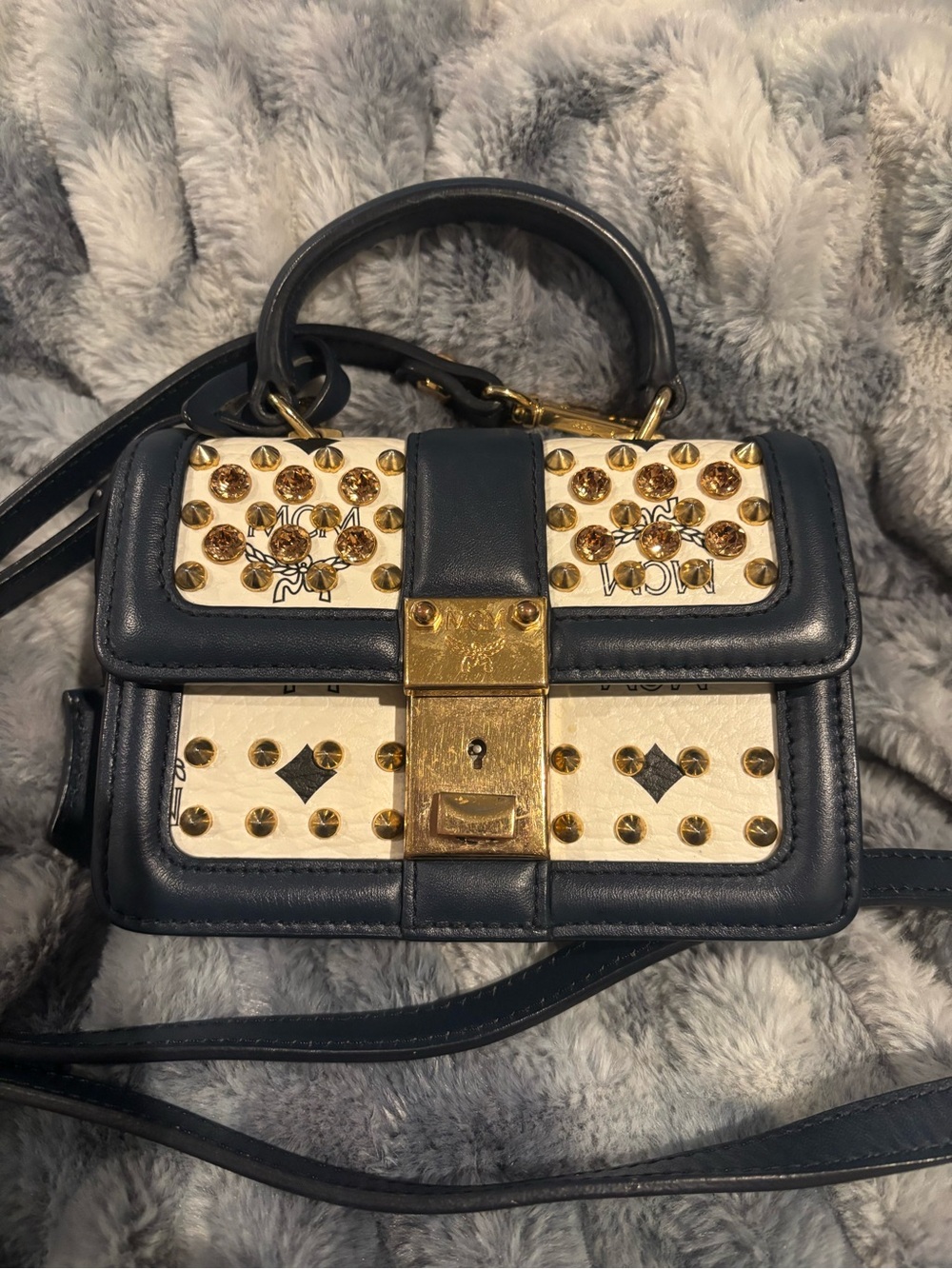 MCM Navy Blue and Cream Studded Leather Crossbody Bag